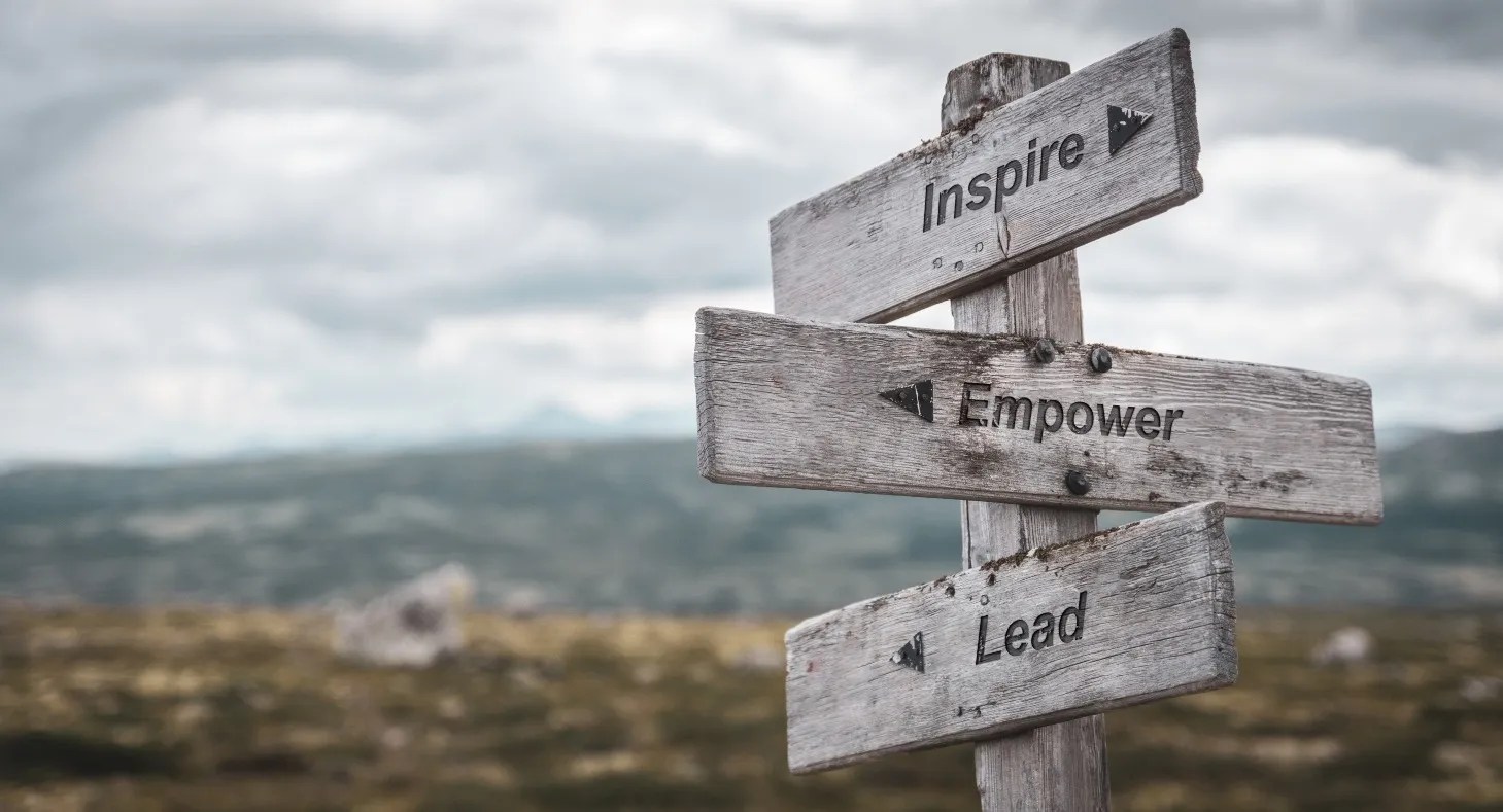 Wooden signpost showing inspire, empower and lead directions for business leadership development