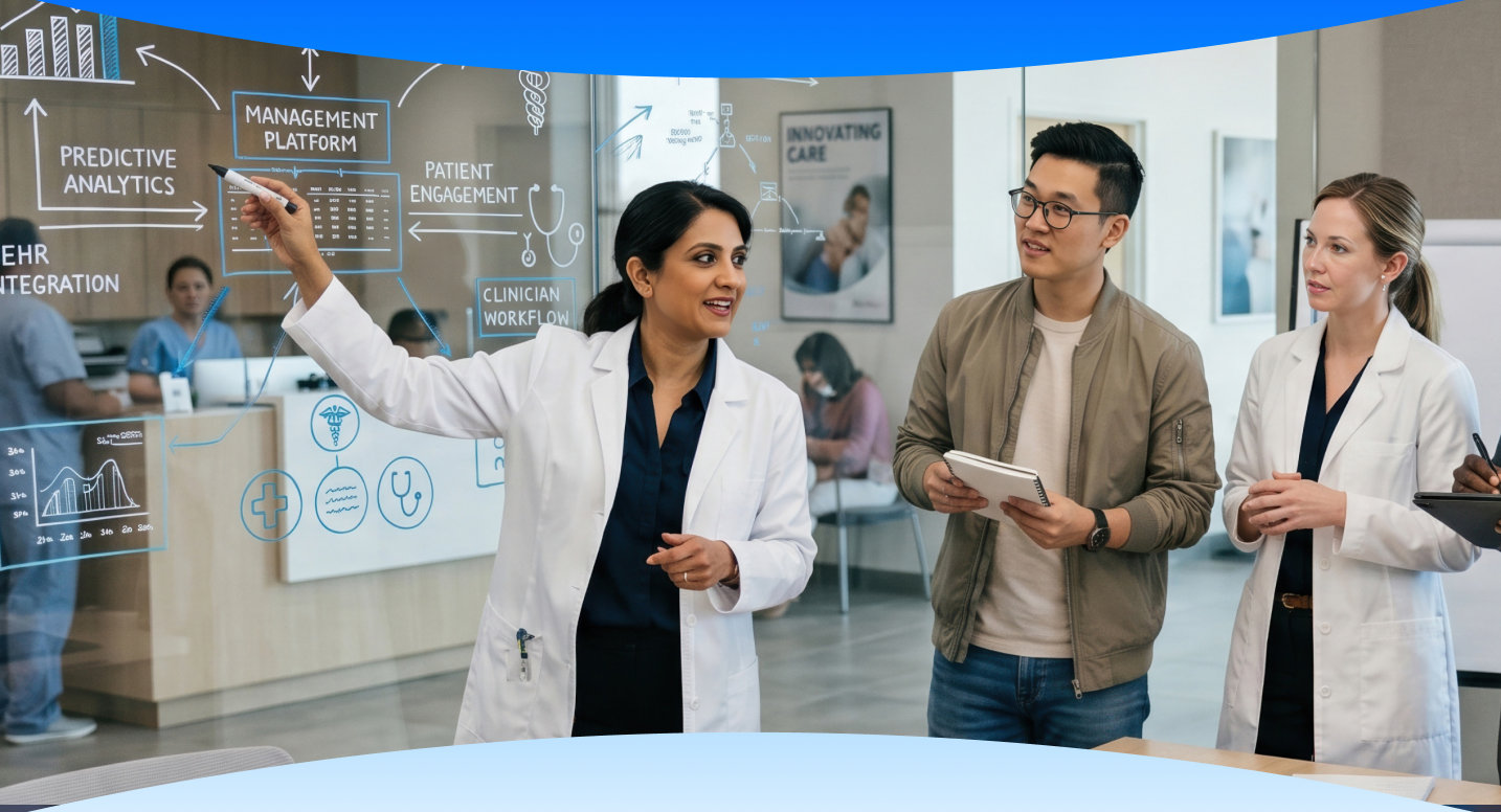 Healthcare professionals using predictive analytics and data insights
