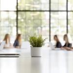 Office team working at desks around a plant-filled table on a businessfrontpage.