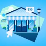 Illustration of a small storefront with signs, a dollar symbol and a cursor for business advertising.