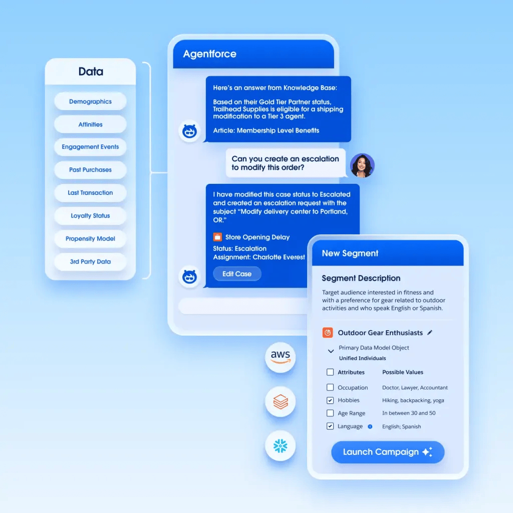 Stylisied interface of a Unified Customer Profile, next to a user interface for setting up a new data stream