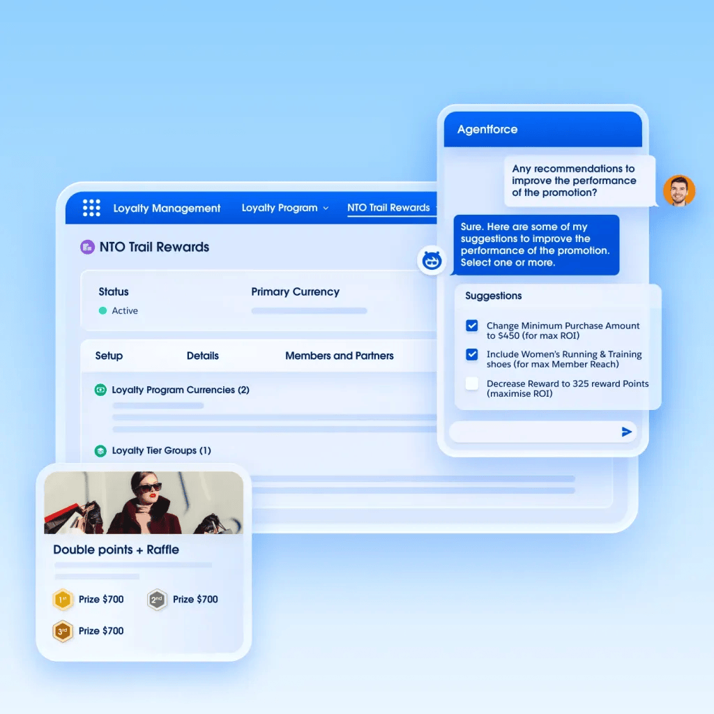 Loyalty programme dashboard with a member list and an AI suggestions panel recommending next best actions.