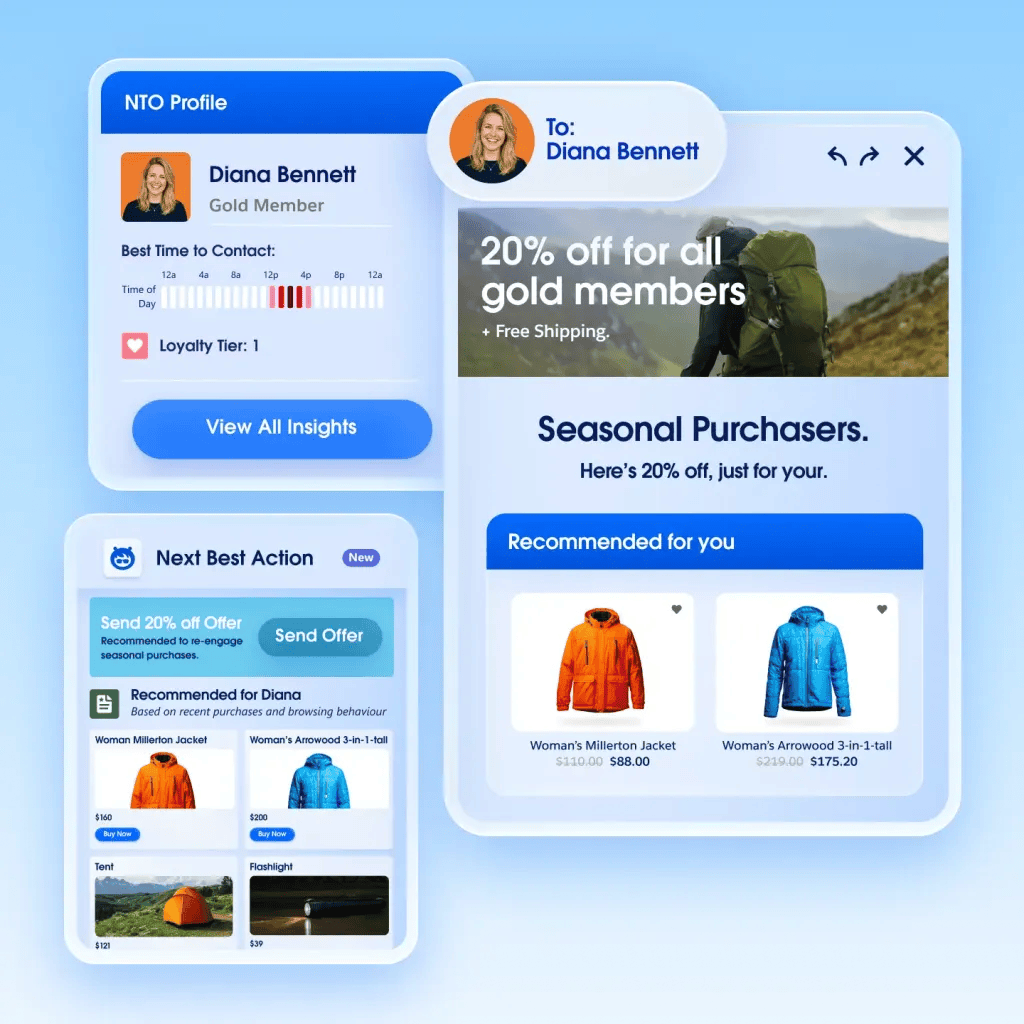 A customer profile for a loyalty member receiving a personalised ‘20% off for gold members’ offer alongside seasonal purchase history and tailored product recommendations.
