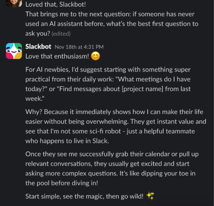 Smart tips from Slackbot for first-time AI assistant users