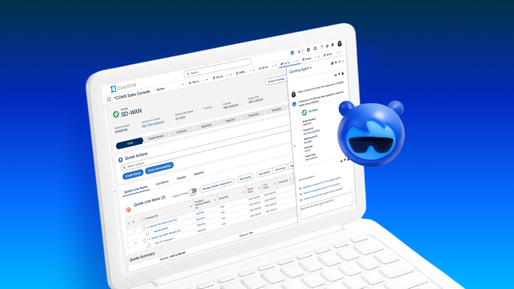 A screenshot of the Quadstar COMS Sales Console showing an SD-WAN quote interface