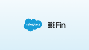 Salesforce and Fin company logos on a light blue gradient background.