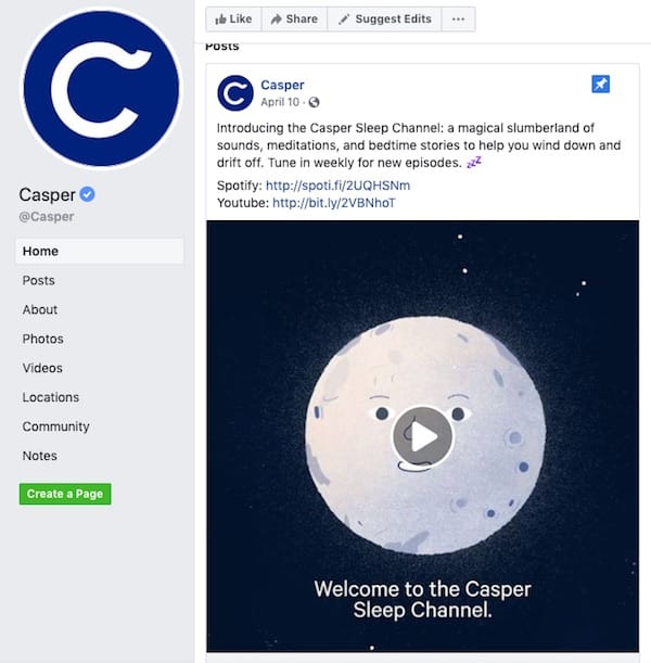 Le campagne sui social media di Casper includono playlist per il sonno