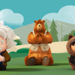 Le mascotte di Salesforce Einstein, Codey e Astro meditano su un prato