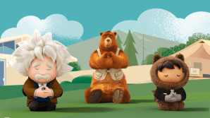 Le mascotte di Salesforce Einstein, Codey e Astro meditano su un prato