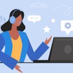 Una figura stilizzata raffigurante un'addetta all'assistenza clienti è seduta di fronte a un computer e indossa delle cuffie