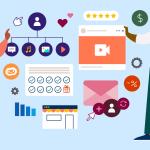 An illustration of two people interacting with different ecommerce trends, including video and user-generated content.