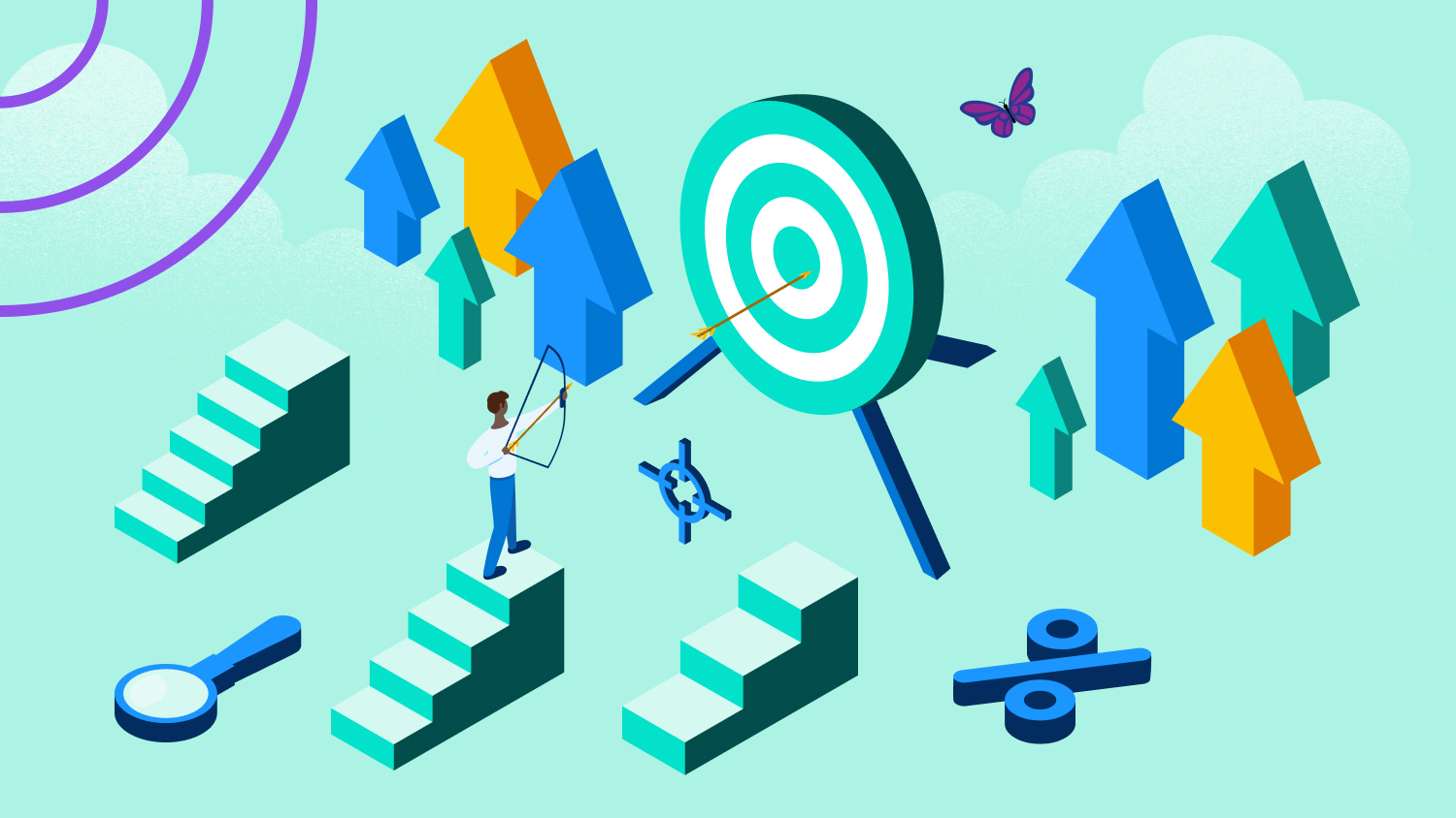 Illustrazione di una persona che centra il bersaglio degli obiettivi di vendita con arco e freccia