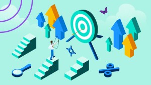 Illustrazione di una persona che centra il bersaglio degli obiettivi di vendita con arco e freccia
