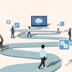 Graphic of a winding path leading to a laptop with people walking and looking at various graphical icons