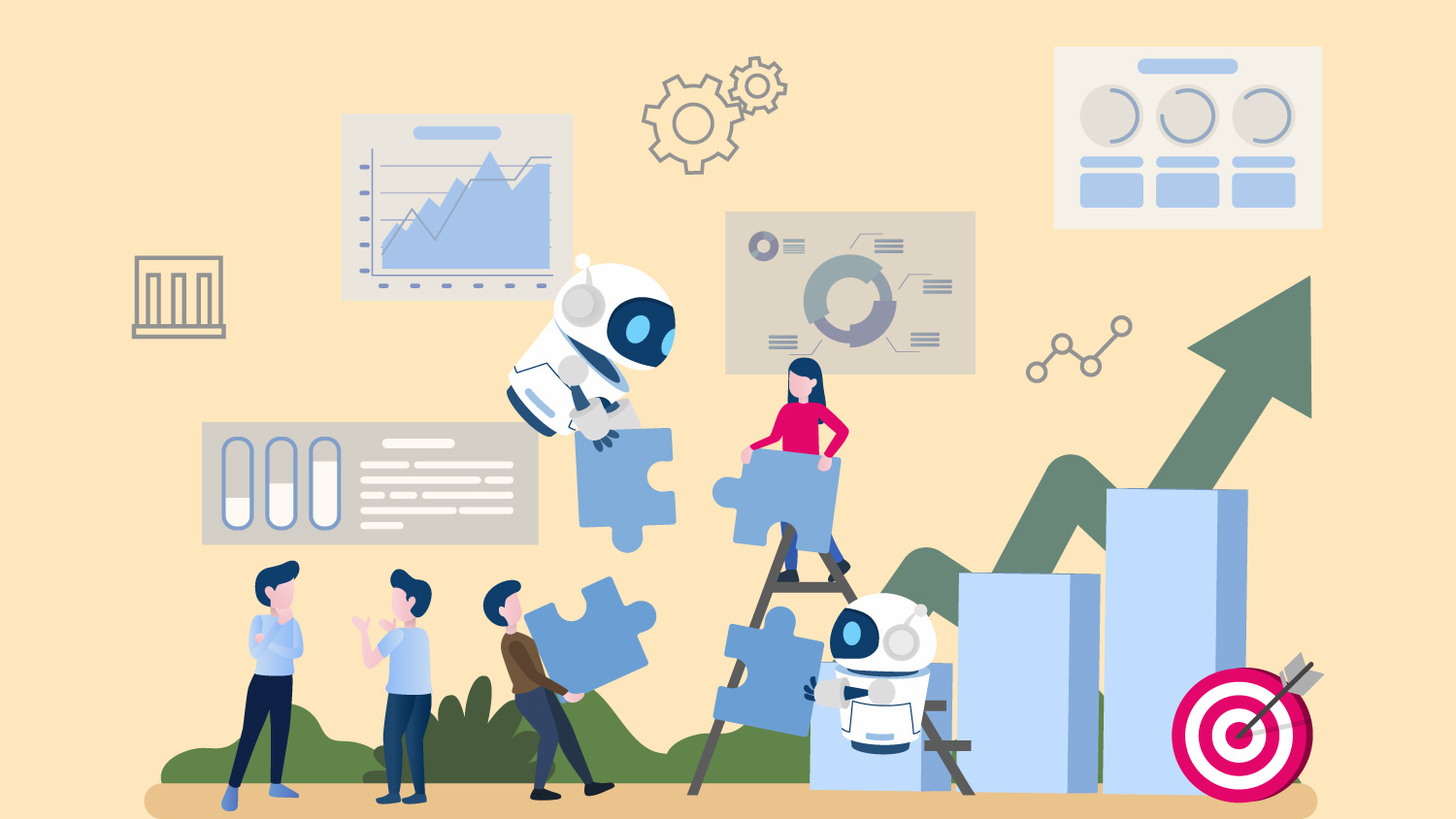 Il grounding dell'AI: un'illustrazione di robot AI che aiutano gli agenti a costruire una knowledge base fondata sull'AI.