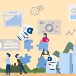 Il grounding dell'AI: un'illustrazione di robot AI che aiutano gli agenti a costruire una knowledge base fondata sull'AI.