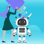 An illustration of a woman emptying a large container of shapes and blocks into the opened-lid head of a robot