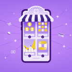 Illustrazione di un negozio online di una piccola impresa su dispositivo mobile.