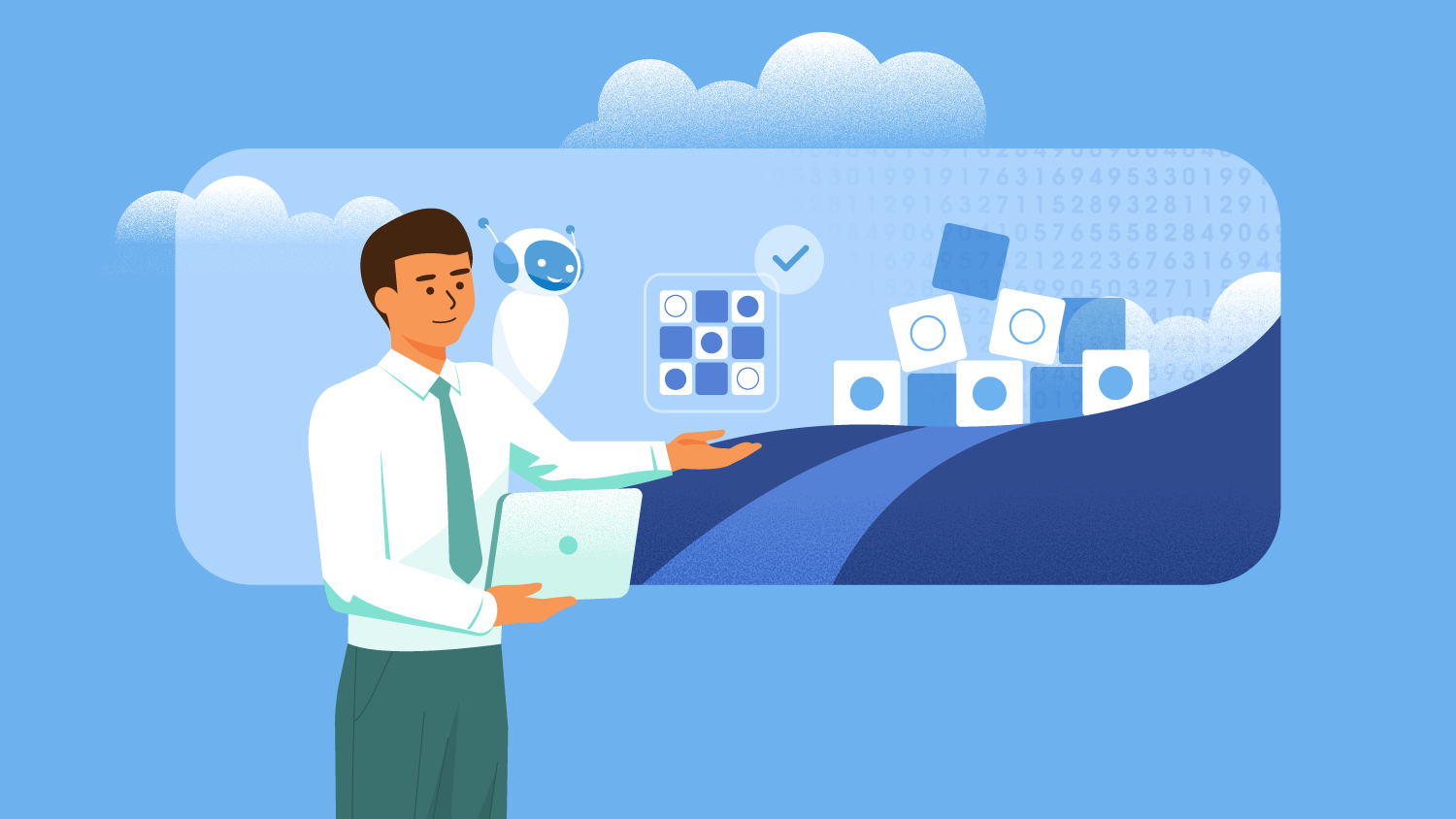 Illustrazione di un uomo d'affari con un laptop che interagisce con un robot AI, circondato da elementi digitali e simboli che rappresentano l'automazione e l'AI, sullo sfondo di un cielo con nuvole.