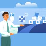 Illustrazione di un uomo d'affari con un laptop che interagisce con un robot AI, circondato da elementi digitali e simboli che rappresentano l'automazione e l'AI, sullo sfondo di un cielo con nuvole.