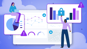 Image shows two people standing around icons of security and charts.