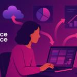 Illustrazione di una donna seduta a una scrivania, con frecce che indicano grafici e diagrammi dal suo computer portatile.