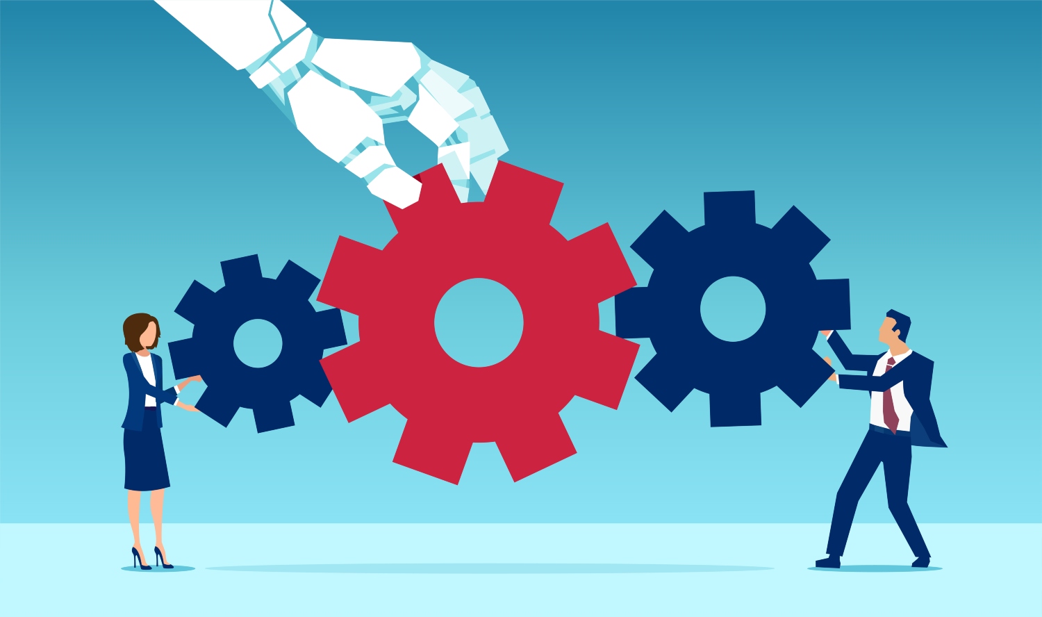 A giant robot hand places a cog in between two smaller ones held by a woman on one side and a man on the other, symbolizing how AI can complete a business’ strategy.