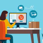 A person sitting in front of a desktop computer uses a credit card to buy products from an ecommerce site: AI in ecommerce