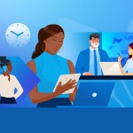 A woman on a phone, a woman with a tablet, and a man and woman consulting a computer