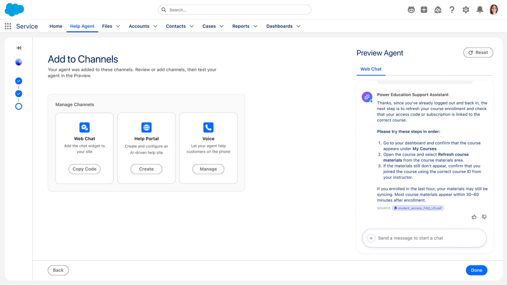 A Salesforce Agentforce Help Agent setup wizard titled "Add to Channels"
