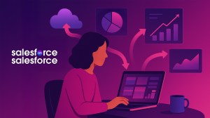 Illustration of a woman sitting at a desk, with arrows pointing to charts and graphs from her laptop.