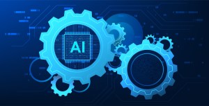 Illustration of future AI technology trends on icons with gears on a dark blue background.
