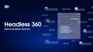 Headless 360 개념을 표현한 다크 블루 톤 그래픽 — 세일즈포스 클라우드를 중심으로 클로드, 챗지피티, 슬랙 등 AI 에이전트 아이콘들이 코드 터미널과 연결된 이미지