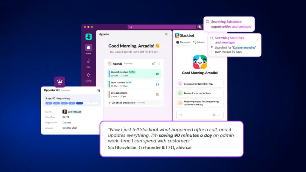 Slackbot(슬랙봇)이 Salesforce(세일즈포스) 데이터와 Slack(슬랙) 대화를 함께 검색해 미팅을 준비하는 화면과 고객 후기