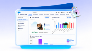 위협 탐지, 보안 상태 점검, 인증 유형별 현황으로 클라우드 데이터 보안을 한눈에 관리하는 Salesforce Security Center 대시보드 화면