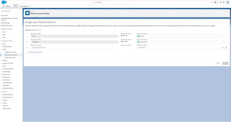 Captura de pantalla de la configuración de cuentas de Pardot