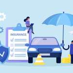 Formulario de póliza de seguro de automóvil con escudo, paraguas.