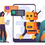 Robot chatbot que proporciona asistencia en línea. Conversación de chat GPT con una persona. Uso de IA en atención y soporte al cliente o mensajes. Ilustración vectorial.