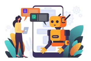 Robot chatbot que proporciona asistencia en línea. Conversación de chat GPT con una persona. Uso de IA en atención y soporte al cliente o mensajes. Ilustración vectorial.
