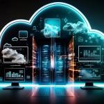 Concepto de tecnología en la nube. Concepto de centro de datos. Tecnologías en la nube modernas. Colores neón, espacio cibernético, ilustración isométrica de red con computadora, portátil, tableta y teléfono inteligente. Para web. La mejor inteligencia artificial generativa.