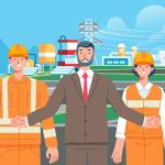 Equipo de la industria del petróleo y el gas trabajando en la fábrica, escena de trabajadores en la fábrica de energía. Empleados industriales.