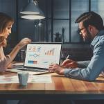 Pantalla de imagen ampliada con licencia, gráficos y diagramas de trabajo en la computadora portátil frente a una mesa, con una mujer de negocios y un hombre de negocios, personas de marketing y un hombre que trabaja en información financiera y proyectos, mirando el diagrama.