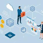 Tecnologías innovadoras y tendencias financieras: personas de negocios interactuando con interfaces digitales, gráficos e inteligencia artificial.