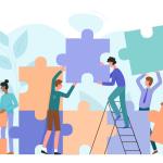 Teamwork, startup character flat vector illustration business concept with giant puzzle. Teamwork partnership metaphor. Team building training, project management, group motivation, brainstorming