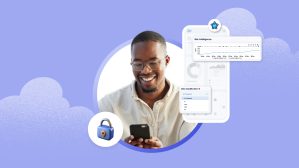 Image shows a man staring at the phone with a security icon next to him.