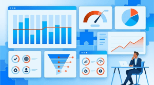 Un panel ejecutivo moderno que muestra gráficos de rendimiento empresarial y métricas en tiempo real. Destaca los análisis visuales de KPI en pantallas digitales para impulsar la toma de decisiones basada en datos y aportar claridad estratégica.