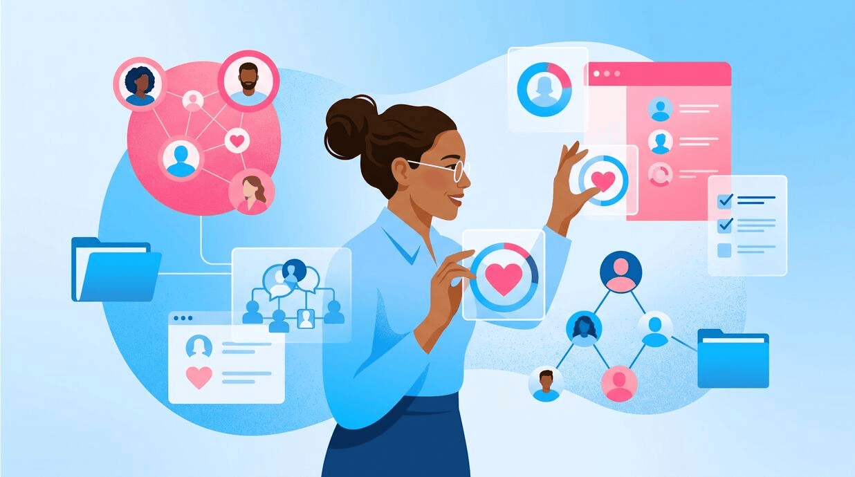 Profesional sosteniendo íconos digitales de colaboradores, trabajo y gestión de personas, representando la integración y organización de la fuerza laboral. Representa portal de RRHH, gestión de recursos humanos y liderazgo estratégico.