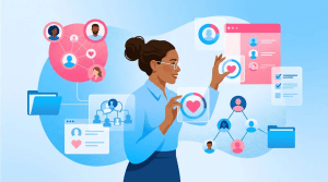 Profesional sosteniendo íconos digitales de colaboradores, trabajo y gestión de personas, representando la integración y organización de la fuerza laboral. Representa portal de RRHH, gestión de recursos humanos y liderazgo estratégico.