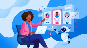 Profesional seleccionando perfiles de candidatos mediante una interfaz digital con indicadores de aprobación. Representa el reclutamiento y selección de personal, la evaluación de candidatos y la elección de talento.
