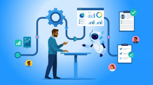 Ilustración de un proceso empresarial representado por etapas conectadas, con equipos de trabajo, análisis de información, validación y engranajes. Representa la gestión y optimización de procesos mediante BPM.